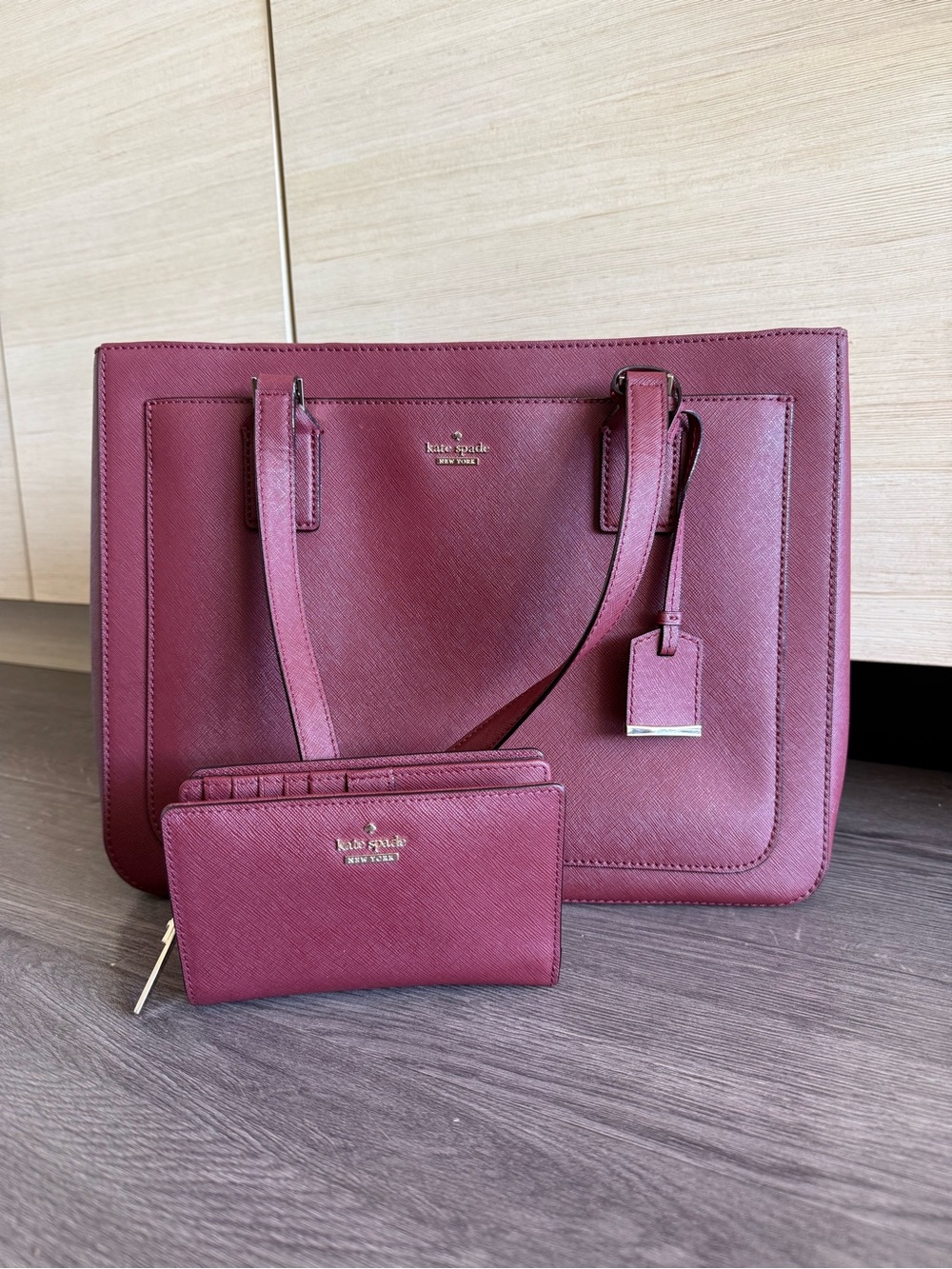 Kate Spade Burgundy Saffiano Leather Tote with matching wallet set with dust bag